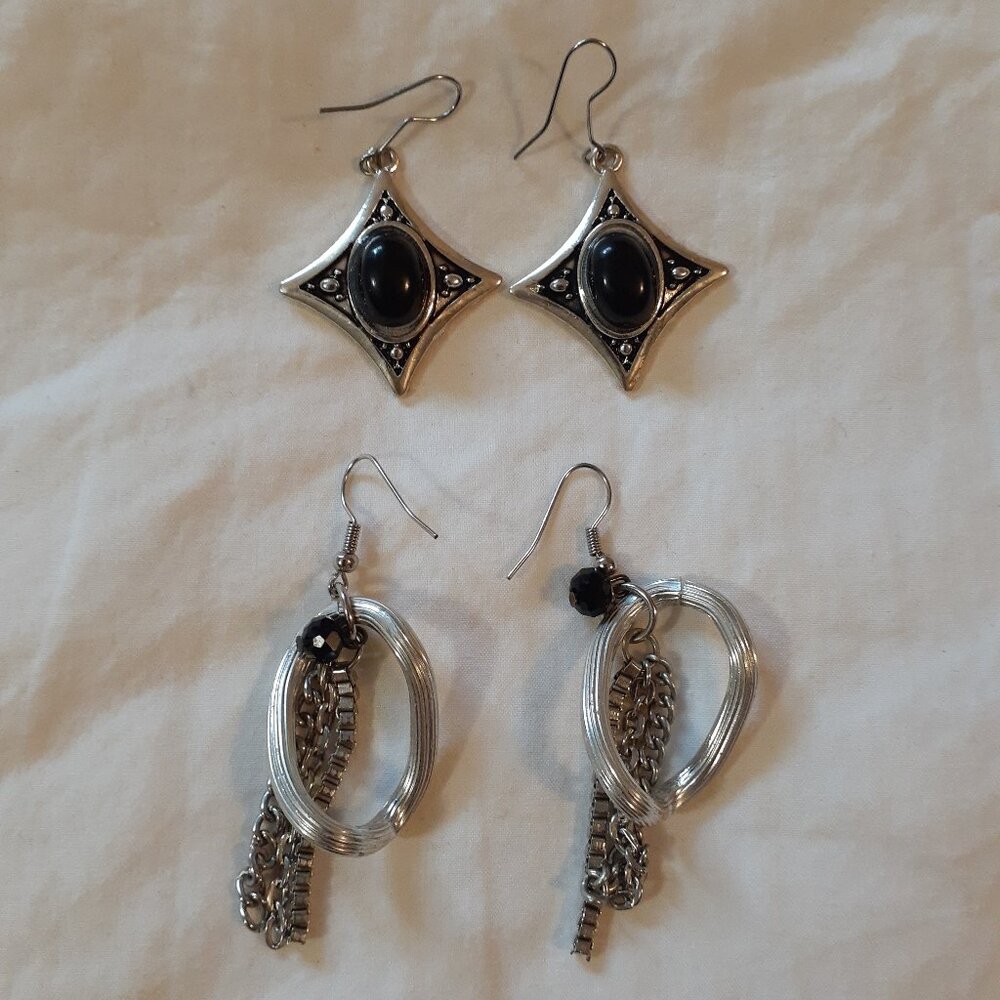 Goth Style Earring Duo, 2 pairs, Silver Tone